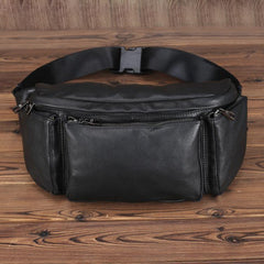 Black Leather Fanny Pack Men's Black Chest Bag Hip Bag Large Capacity Waist Bag For Men - iwalletsmen