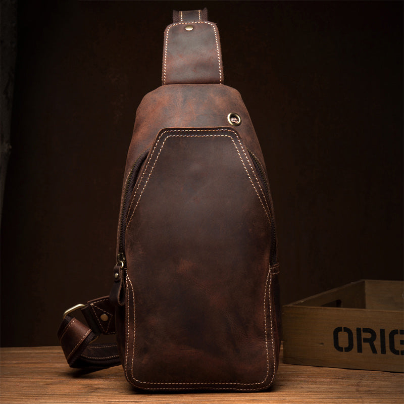 Casual Dark Brown Leather Mens Sling Pack Sling Bags Chest Bags One Shoulder Backpack for Men - iwalletsmen