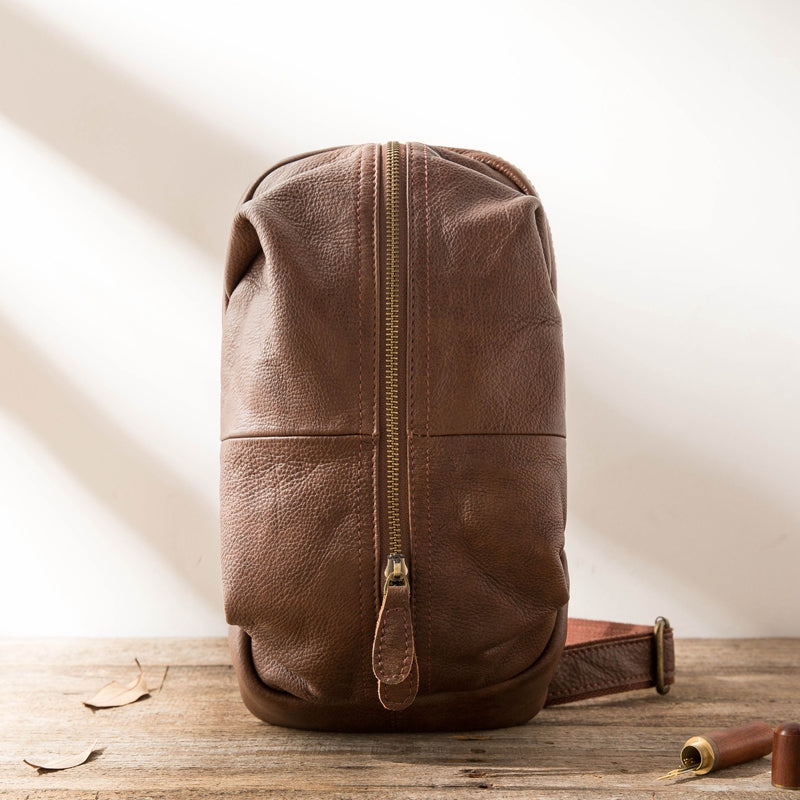 Handmade Brown Leather Mens Sling Bag Sling Pack Chest Bag Black One Shoulder Backpack for Men - iwalletsmen