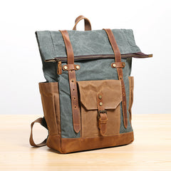 Waxed Canvas Leather Mens 17‘’ Lake Green Backpack Khaki Travel Backpack Dark Gray Hiking Backpack for Men - iwalletsmen