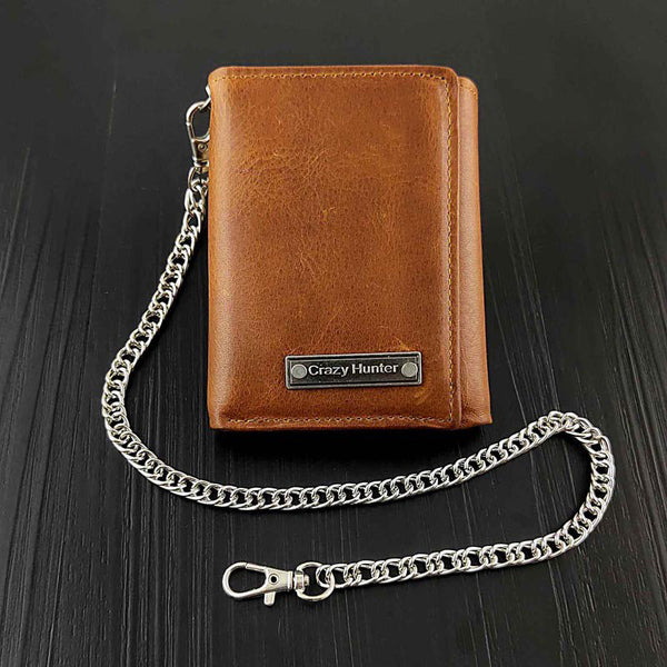 Cool  LEATHER MENS TRIFOLD SMALL BIKER WALLETS BROWN CHAIN WALLET WALLET WITH CHAINS FOR MEN - iwalletsmen