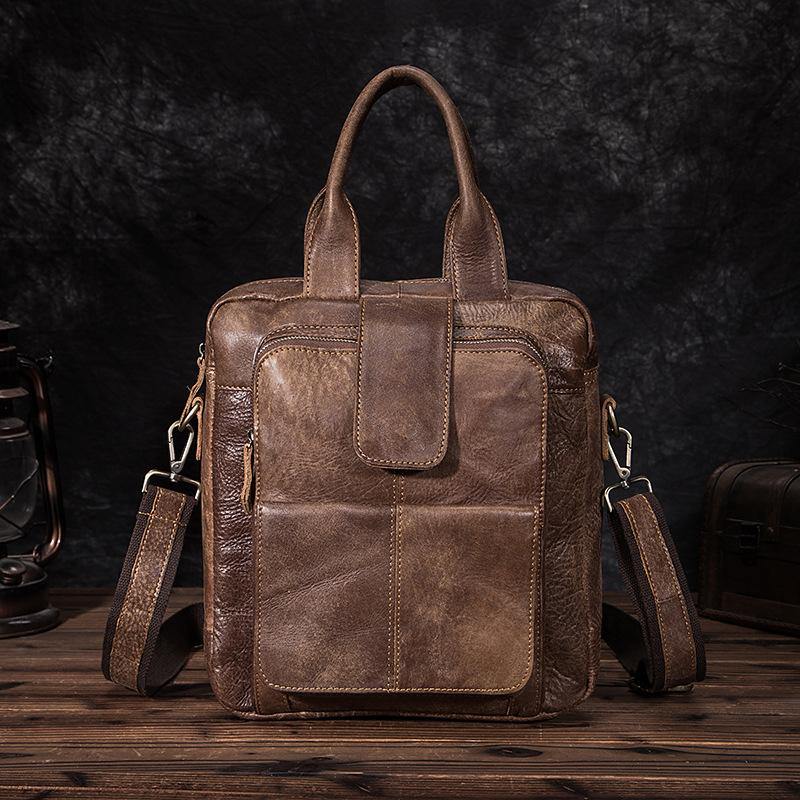 Brown Leather Mens Vertical Briefcase Work Bag Handbag Vertical 10 inches Shoulder Bags Business Bags For Men - iwalletsmen