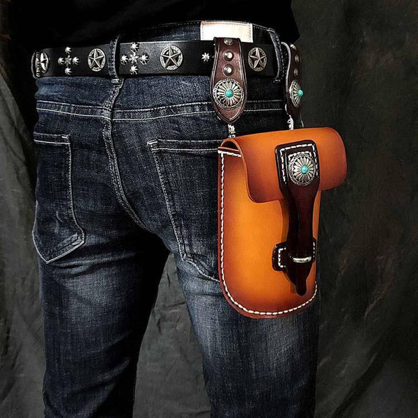 Black Badass Mens Leather Waist Bag Side Bag Brown Belt Bag Belt Pouch Purse for Men - iwalletsmen