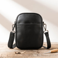 Black Leather Mens 8 inches Small Vertical Side Bag Black Messenger Bags Postman Bag Courier Bag for Men - iwalletsmen
