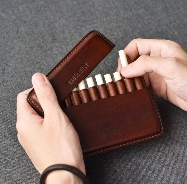 Handmade Brown Leather Slim Mens 10pcs Cigarette Holder Case Cool Custom Cigarette Case for Men - iwalletsmen