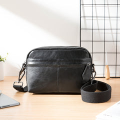Fashion Black Small Leather Mens Side Bag Black Mini Courier Bag Messenger Bags POstman Bag for Men - iwalletsmen