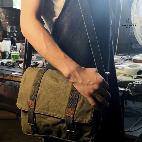 Army Green Canvas Mens Side Bag Messenger Bag Canvas Courier Bag Postman Purse For Men - iwalletsmen