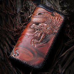 Handmade Leather Tooled Chinese Dragon Tiger Mens Chain Biker Wallet Cool Leather Wallet Long Clutch Wallets for Men