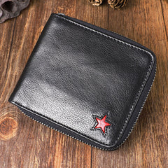 Cool Leather Mens Black Zipper Small billfold Wallet Leather Wallet Bifold billfold Wallets for Men - iwalletsmen