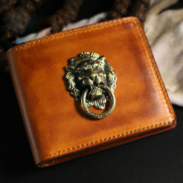 Handmade Leather Lion Mens billfold Wallet Cool Leather Wallet Slim Wallet for Men