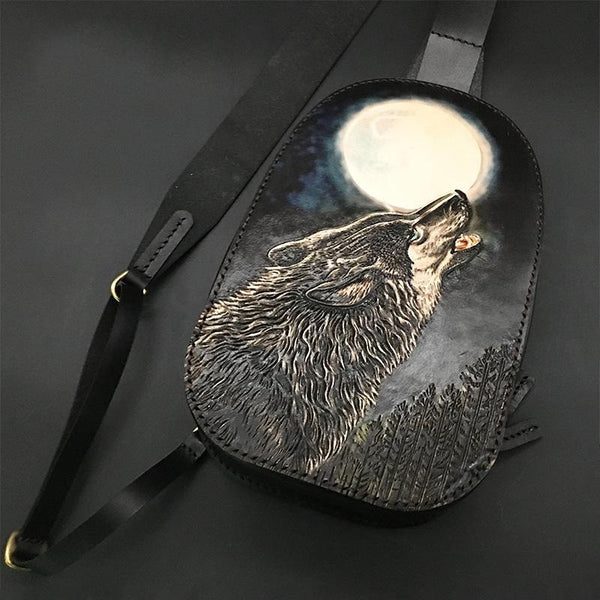 Black Handmade Tooled Leather Sling Bag Chest Bag Wolf One Shoulder Backpack For Men - iwalletsmen