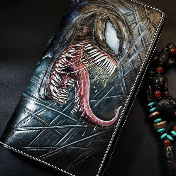 Badass Black Leather Men's Venom Long Biker Wallet Handmade Tooled Zipper Long Wallets For Men - iwalletsmen