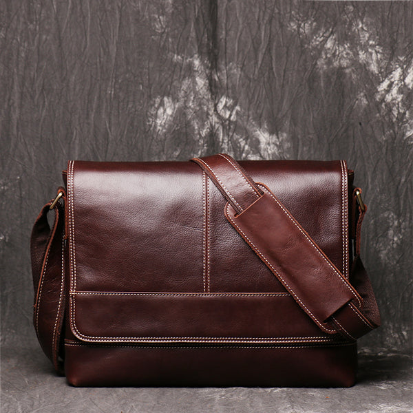 Brown Leather Mens 12 inches Large Laptop Side Bag Courier Bag Messenger Bag Postman Bag For Men - iwalletsmen