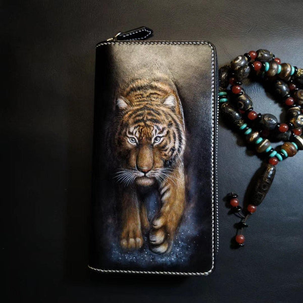 Badass Black Leather Men's Tiger Long Biker Wallet Handmade Tooled Zipper Long Wallets For Men - iwalletsmen