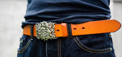 Handmade Leather Genuine Lotus Flower Mens Cool Men Biker Trucker Leather Belt