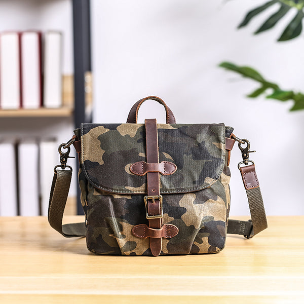 Camouflage Waxed Canvas Leather Mens Waterproof Side Bag Postman Bag Messenger Bag for Men - iwalletsmen