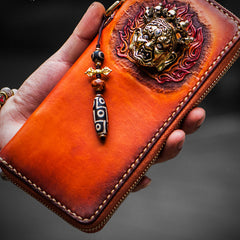 Handmade Leather Tooled Tibetan Mens Chain Biker Wallet Cool Leather Wallet Long Clutch Wallets for Men