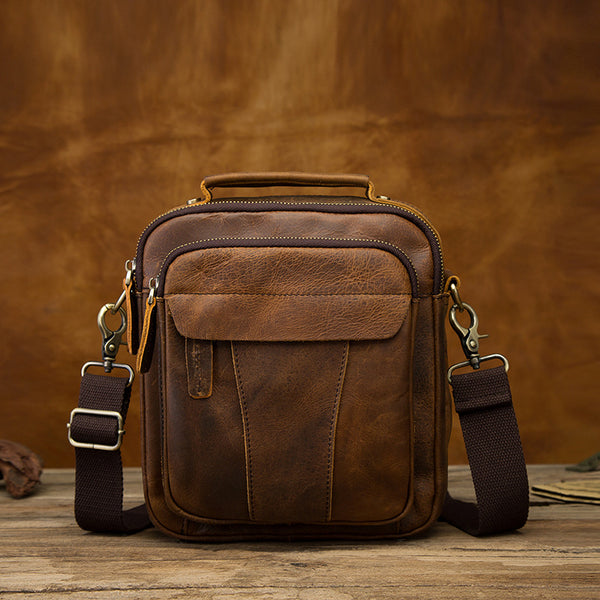 Vintage Brown Leather Mens Small Vertical Messenger Bag Side Bag Courier Bag Handbag For Men - iwalletsmen
