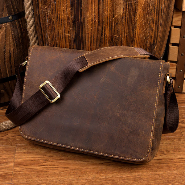Dark Brown Leather 13 inches Mens Messenger Bags Courier Bags Postman Bag for Men - iwalletsmen
