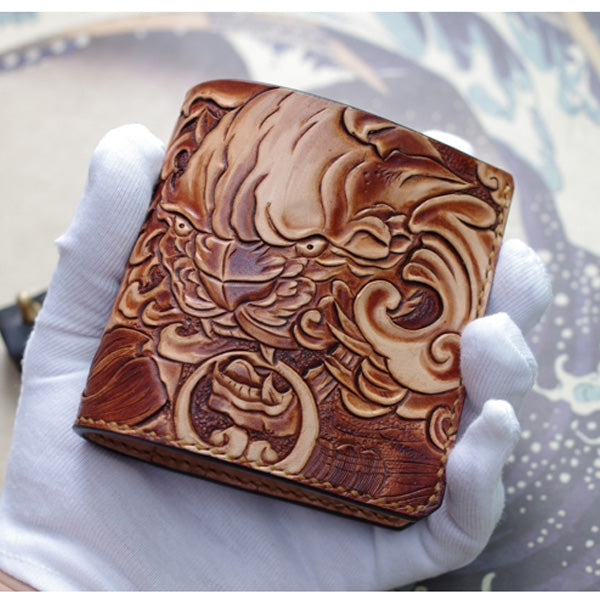 Handmade Leather Chinese Lion Tooled Mens billfold Wallet Cool Slim Wallet Biker Wallet for Men