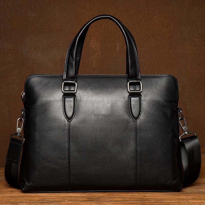 Black Leather Mens 13inches Briefcase Laptop Briefcase Shoulder Business Bags Work Bag for Men - iwalletsmen