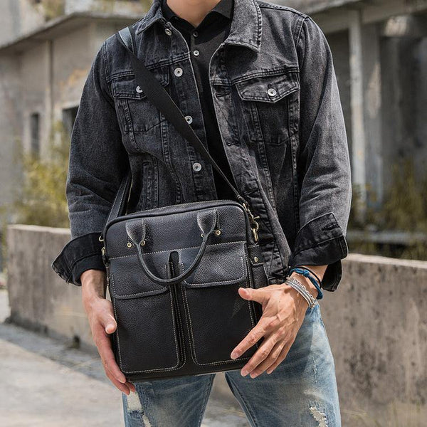 Black Casual Leather Mens 10 inches Vertical Briefcase Side Bags Postman Bag Black Work Bag Courier Bag for Men - iwalletsmen