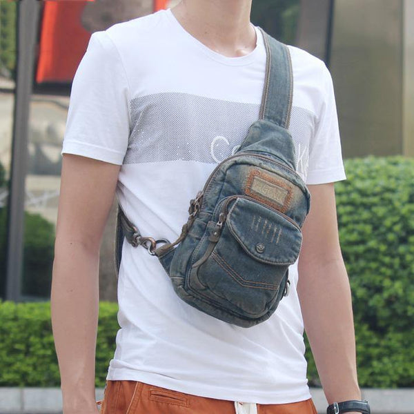 Denim Vintage Blue Messenger Bag Chest Bag Jean Blue One Shoulder Backpack For Men - iwalletsmen