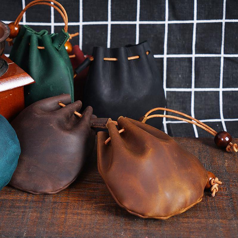 Brown Leather Drawstring Pouch