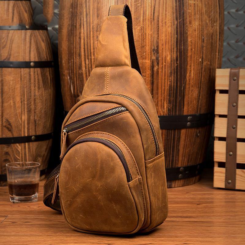 Cool Brown Leather Mens One Shoulder Backpack Sling Bags Crossbody Pack Chest Bag for men - iwalletsmen