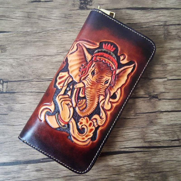Brown Handmade Ganesha Leather Long Wallet Zipper Wallet Clutch Wallet For Men - iwalletsmen