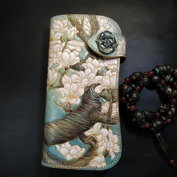 Blue Leather Womens Cherry Blossom Tree Biker Wallet Handmade Tooled Zipper Long Wallets For Men - iwalletsmen