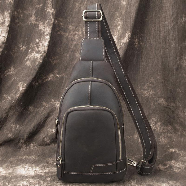 Cool Black Mens Leather Sling Bag Sling Backpack Chest Bag Sling Shoulder Bag For Men - iwalletsmen
