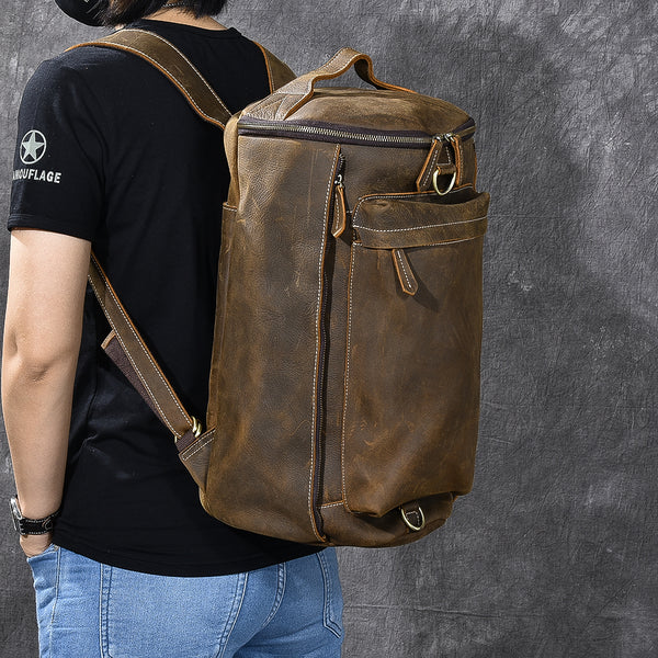 Brown Leather Mens 15" Laptop Backpack Hiking Backpack Travel Backpack Crossbody Bag for Men - iwalletsmen
