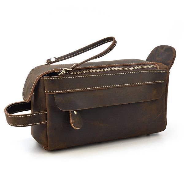 Brown Leather Men's Clutch Bag Double Zipped Dark Brown Wristlet Handbag Storage Bag For Men - iwalletsmen