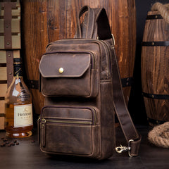 Cool Brown Leather Mens Sling Pack Sling Bags Coffee Crossbody Pack Chest Bag for men - iwalletsmen
