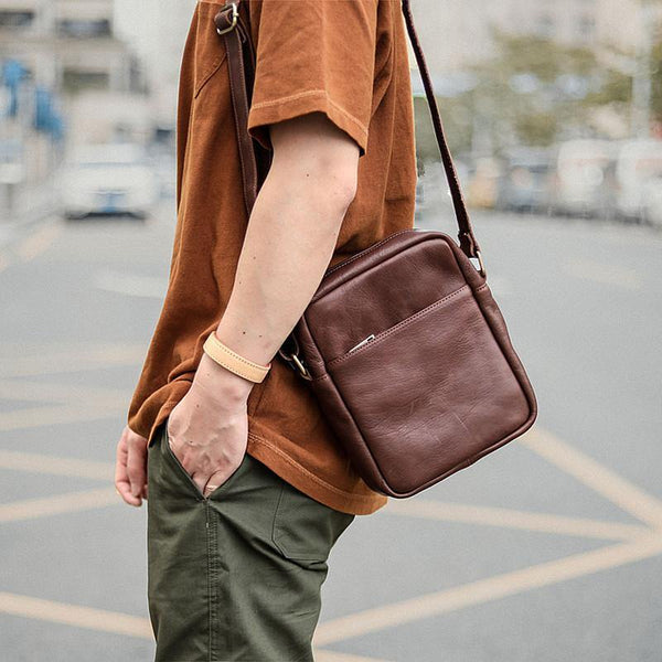 Brown Leather Mens CasualSmall Vertical Courier Bag Messenger Bags Black Postman Bag For Men - iwalletsmen