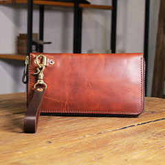Vintage Brown Leather Mens Clutch Large Distressed Wallet Zipper Clutch Wristlet Wallet for Men - iwalletsmen