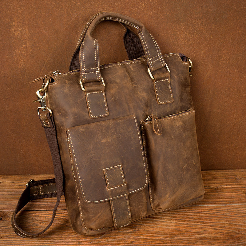 Vintage Brown Leather Mens 13 inches Vertical Briefcase Laptop Bags Business Bags Work Messenger Bag for Men - iwalletsmen