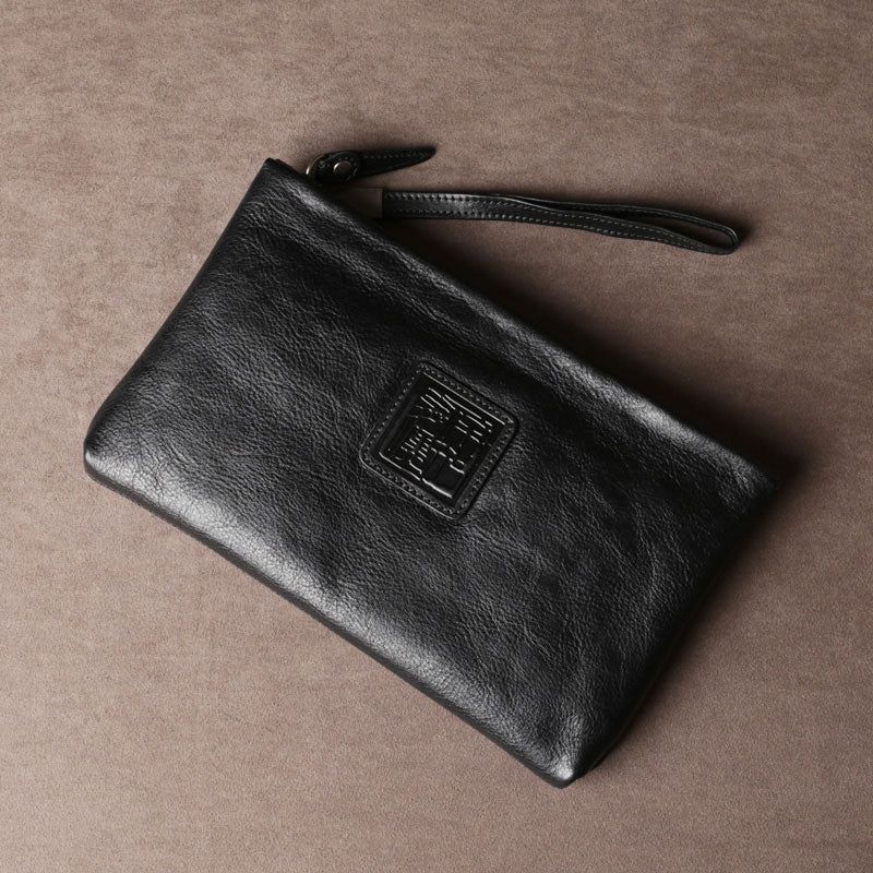 Genuine Leather Mens Clutch Cool Slim Wallet Zipper Clutch Wristlet Bag Wallet for Men Women
