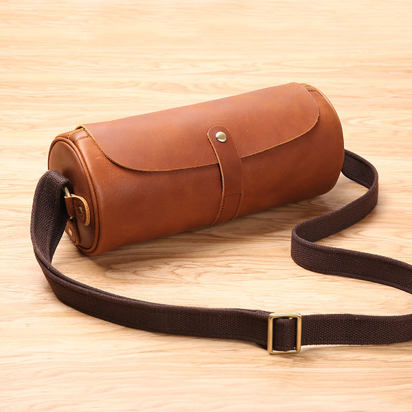 Black Leather Mens Brown Barrel Postman Bag Brown Bucket Messenger Bag Side Bag For Men - iwalletsmen