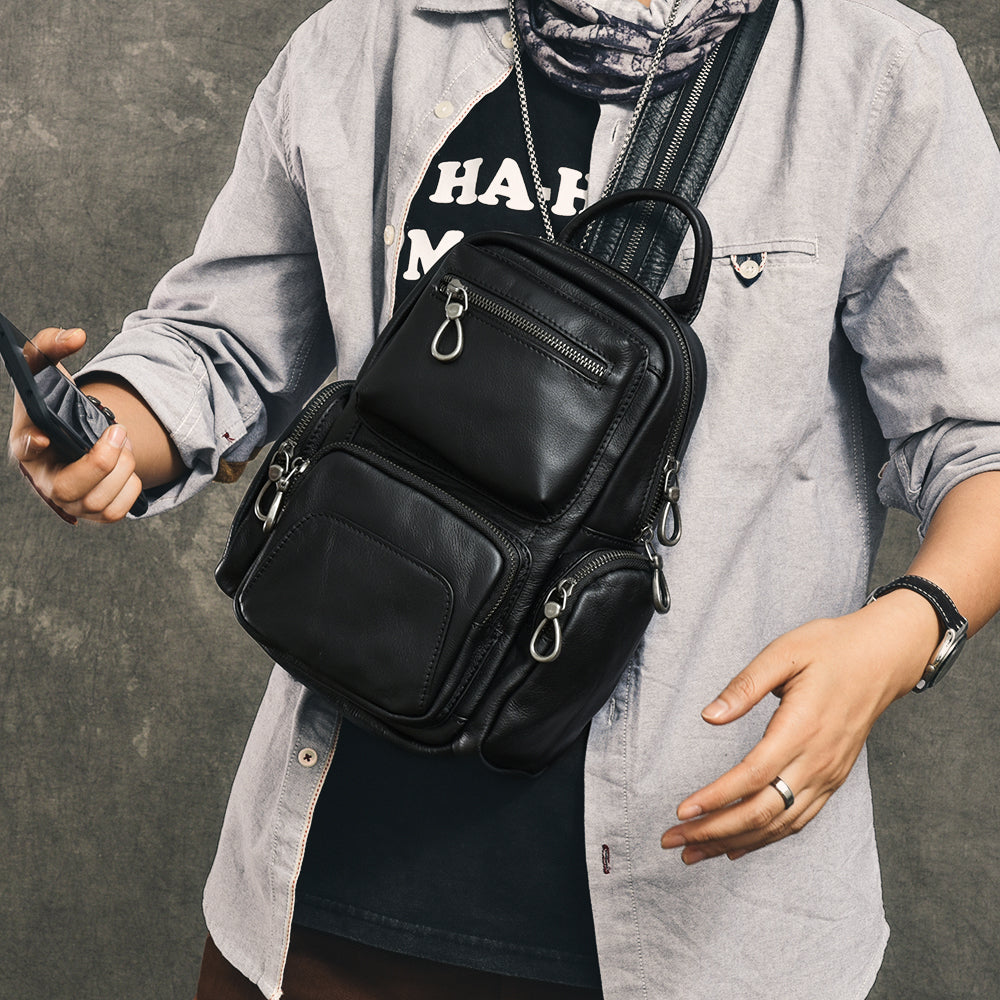 black leather convertible backpack men Cool Leather Mens Convertible Black Backpack Sling Bag Chest Bag One S – iwalletsmen