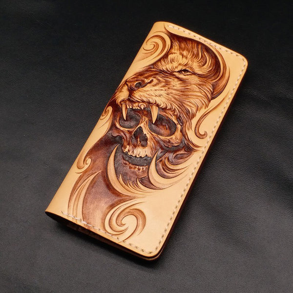 Beige Handmade Tooled Lion Skull Leather Mens Long Wallet Bifold Clutch For Men - iwalletsmen