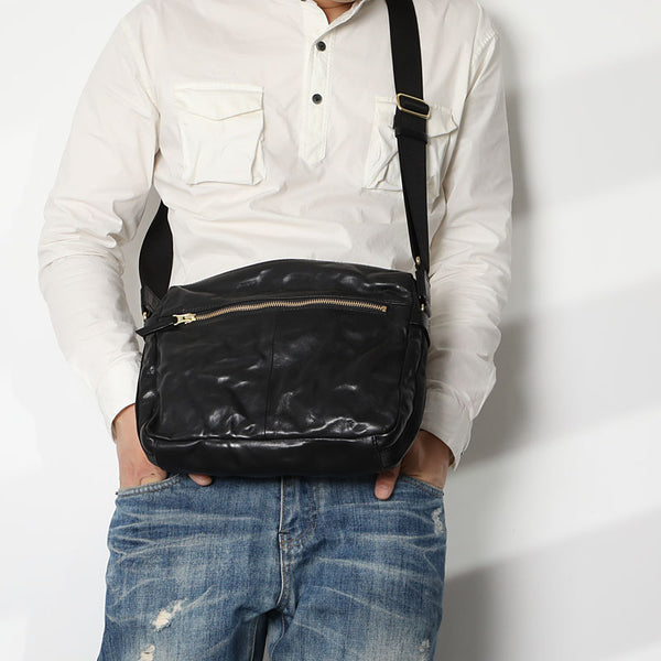 Casual Black Leather Mens Cool Side Bags Messenger Bag Brown Postman Courier Bags for Men - iwalletsmen