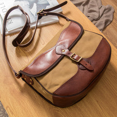 Canvas Leather Mens Casual Khaki Shoulder Bag Saddle Courier Bag Side Bag Messenger Bag for Men - iwalletsmen