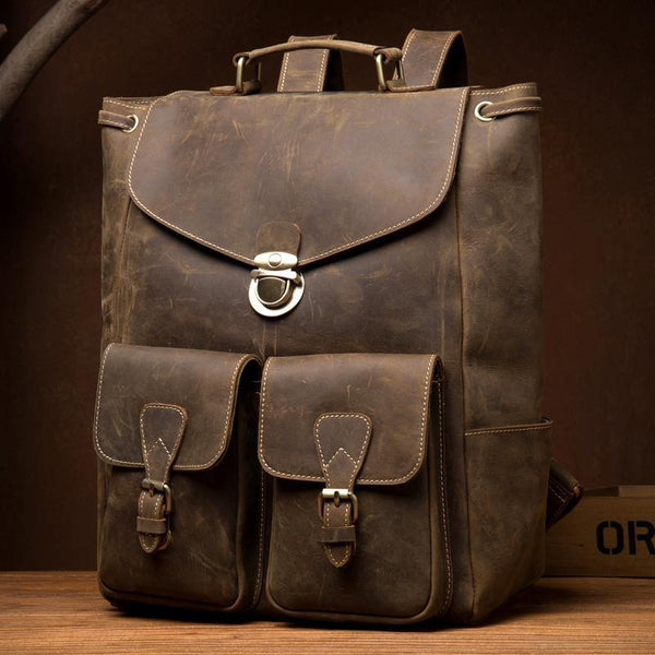 Brown Casual Mens Leather 15-inch Large Backpack Black Travel Backpacks School Backpacks for men - iwalletsmen