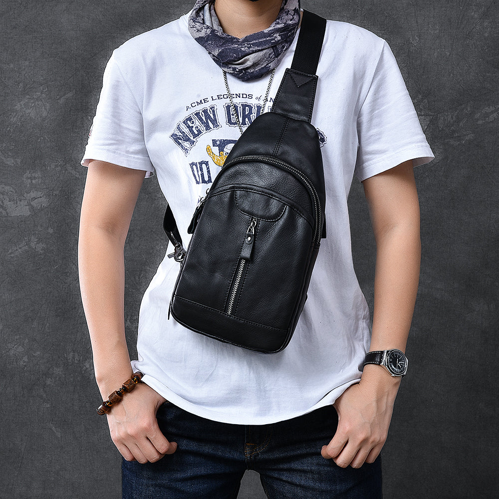 Cool Leather Mens 8" Black Sling Bag Chest Bag One Shoulder Backpack for Men - iwalletsmen