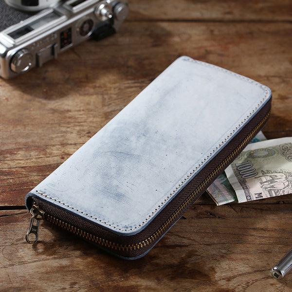 Simple Handmade Mens Red Long Wallet Blue Bifold Long Card Wallet Clutch Zipper Wallet For Men - iwalletsmen