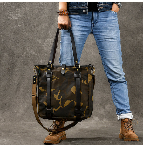 Waxed Canvas Leather Mens Womens 14'' Camouflage Tote Bag Handbag Tote Bag Shoulder Bag Tote Purse For Men - iwalletsmen