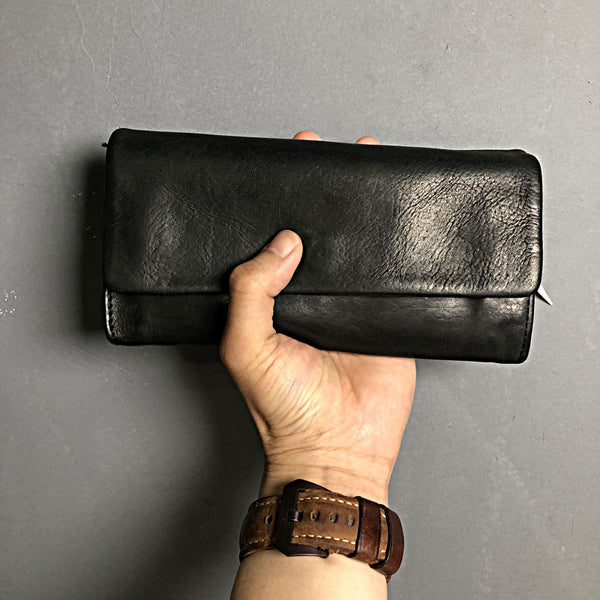 Handmade Genuine Leather Mens Clutch Cool Slim Wallet Zipper Clutch Wristlet Wallet for Men