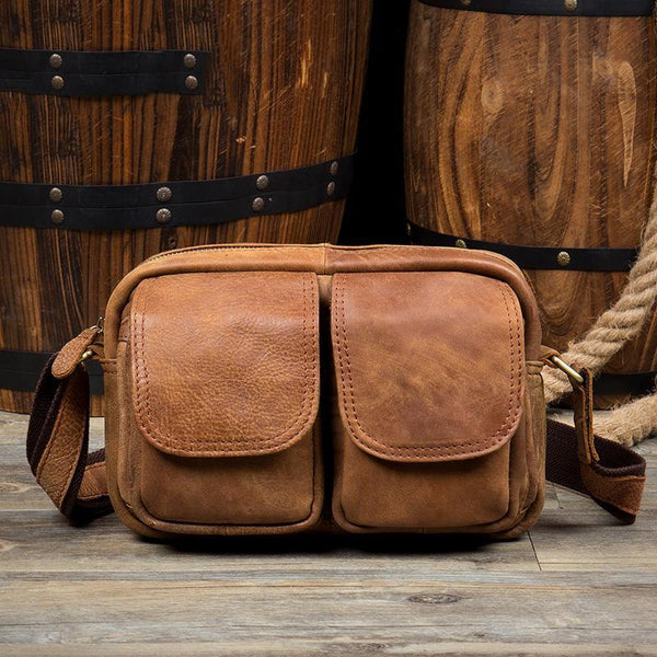 Khaki Leather 10 inches Mens Small Messenger Bag Brown Courier Bags Postman Bag for Men - iwalletsmen